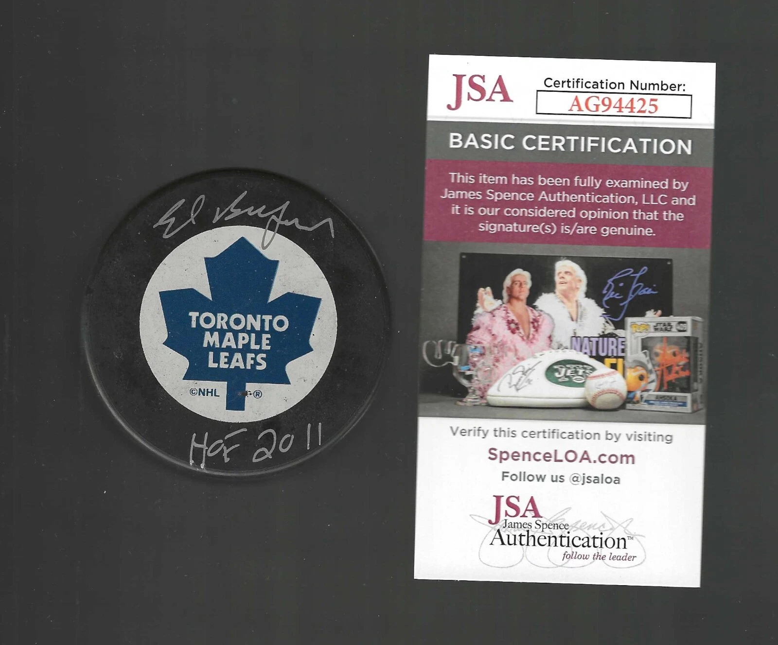 Ed Belfour Signed & Inscribed Toronto Maple Leafs In Glas Co Puck JSA COA
