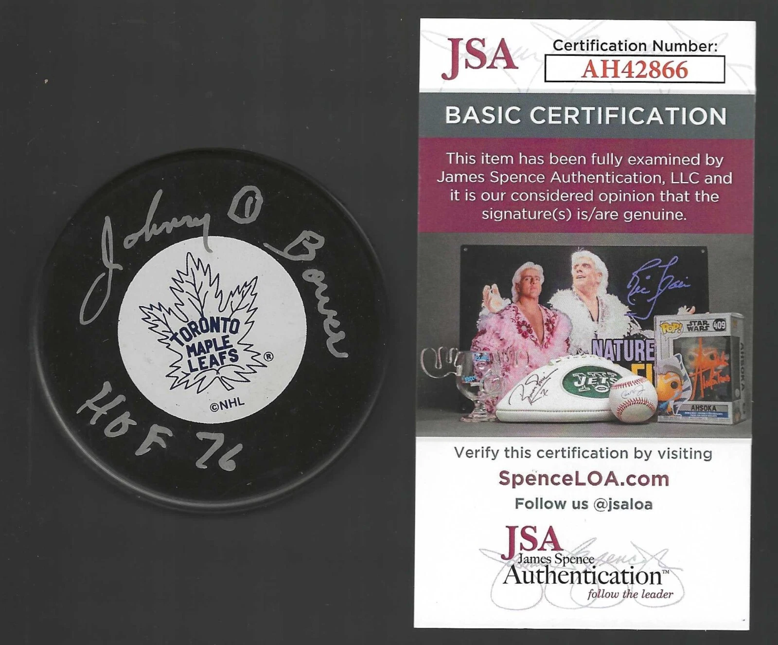 Johnny Bower Signed & Inscribed Toronto Maple Leafs Puck JSA COA
