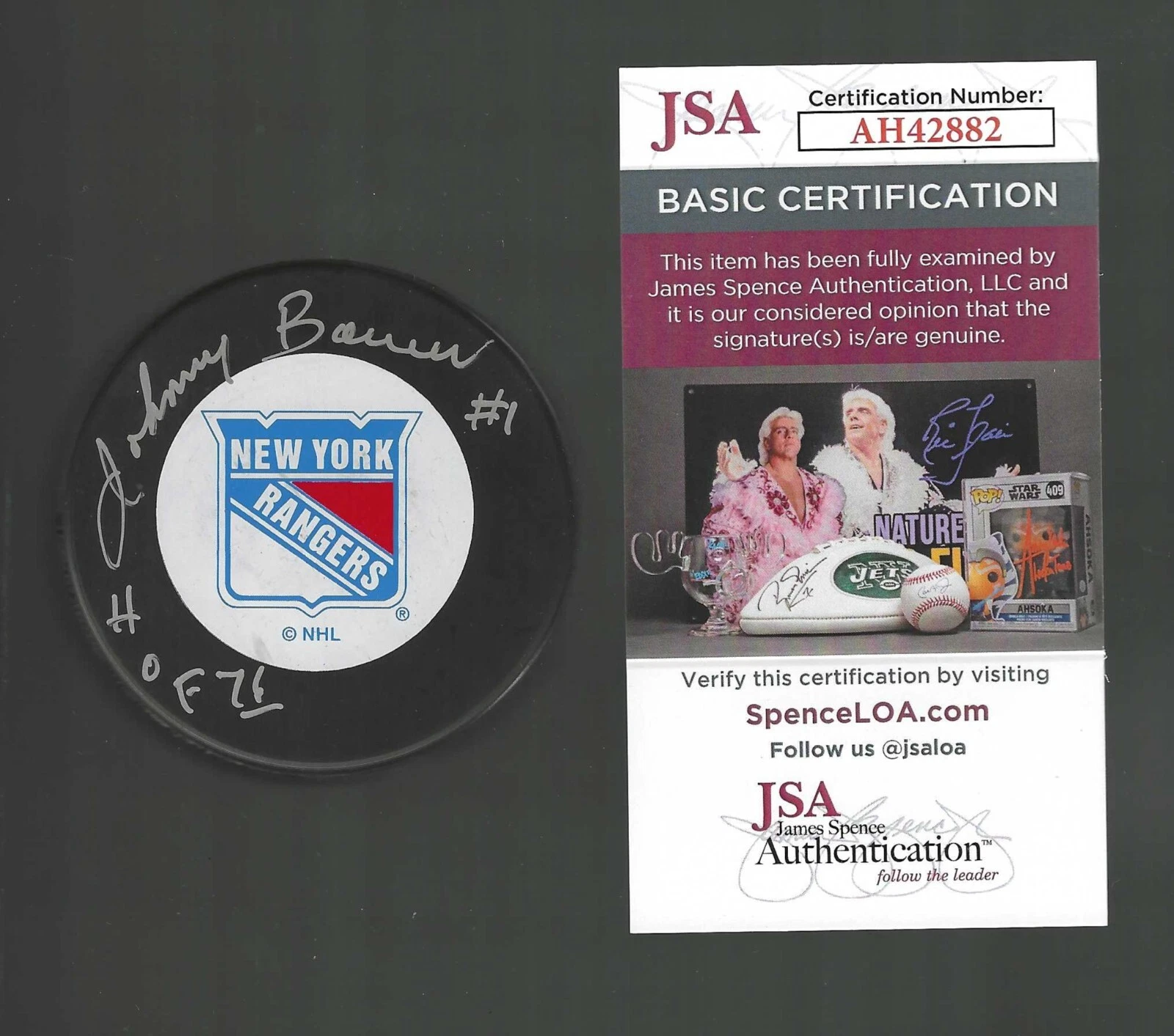 Johnny Bower Signed & Inscribed New York Rangers Trench Puck Silver JSA COA
