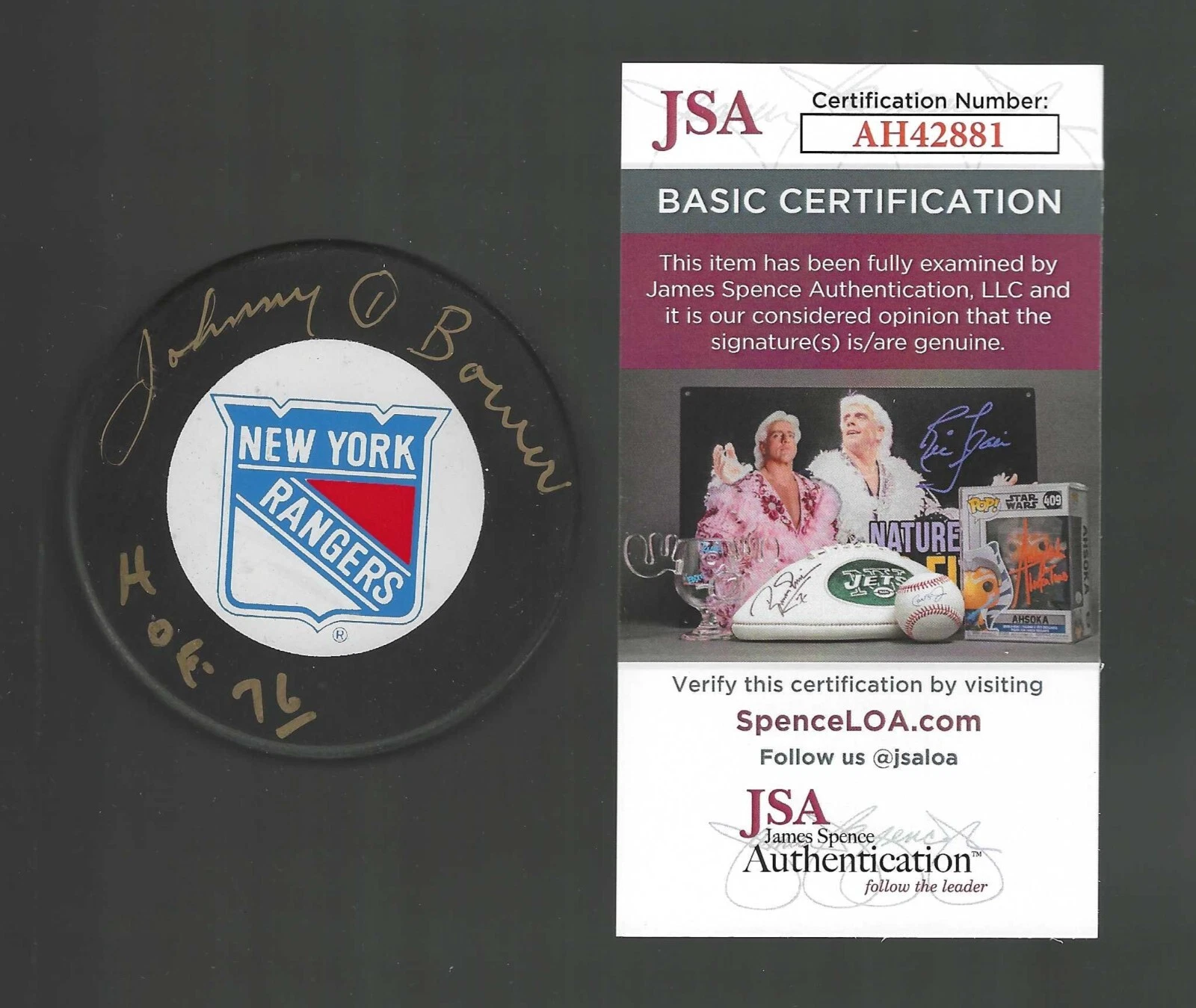 Johnny Bower Signed & Inscribed New York Rangers Trench Puck Gold JSA COA
