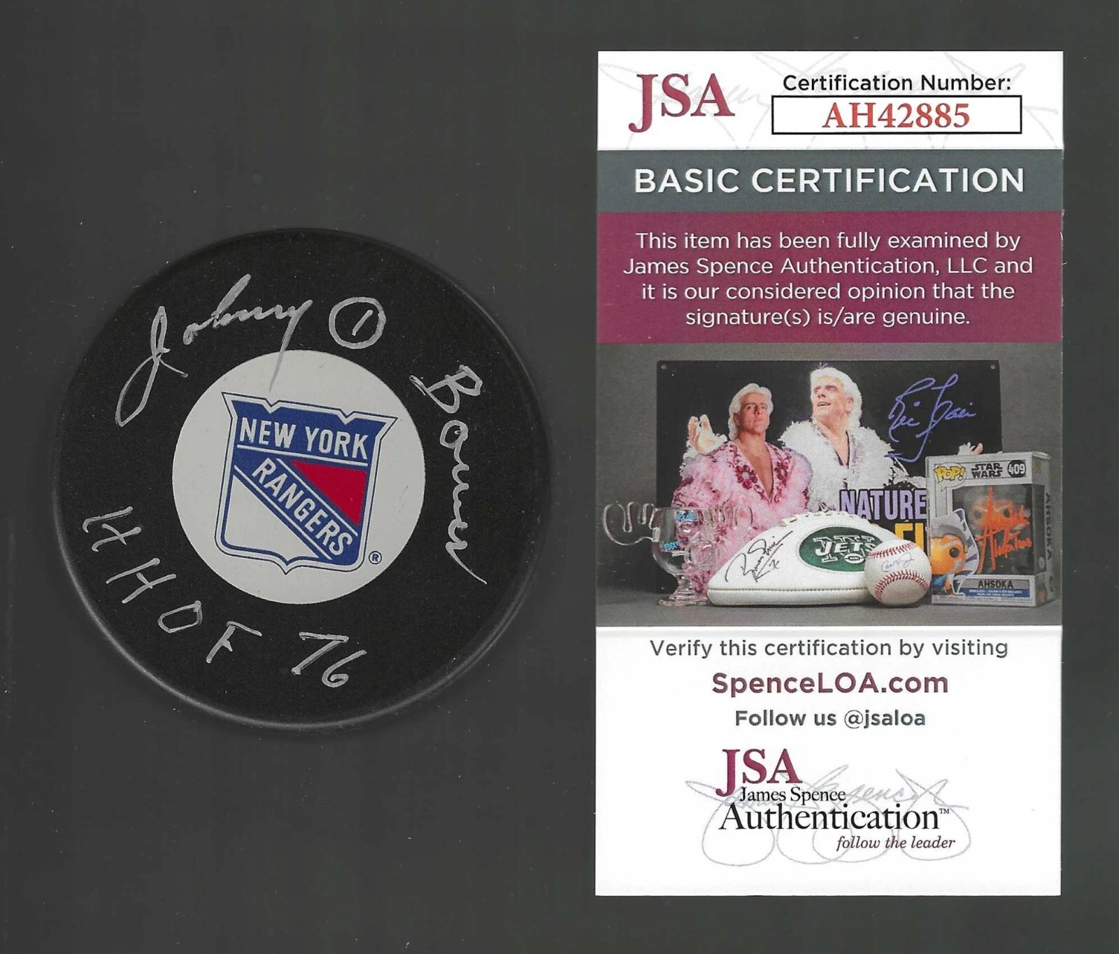 Johnny Bower Signed & Inscribed New York Rangers Puck JSA COA
