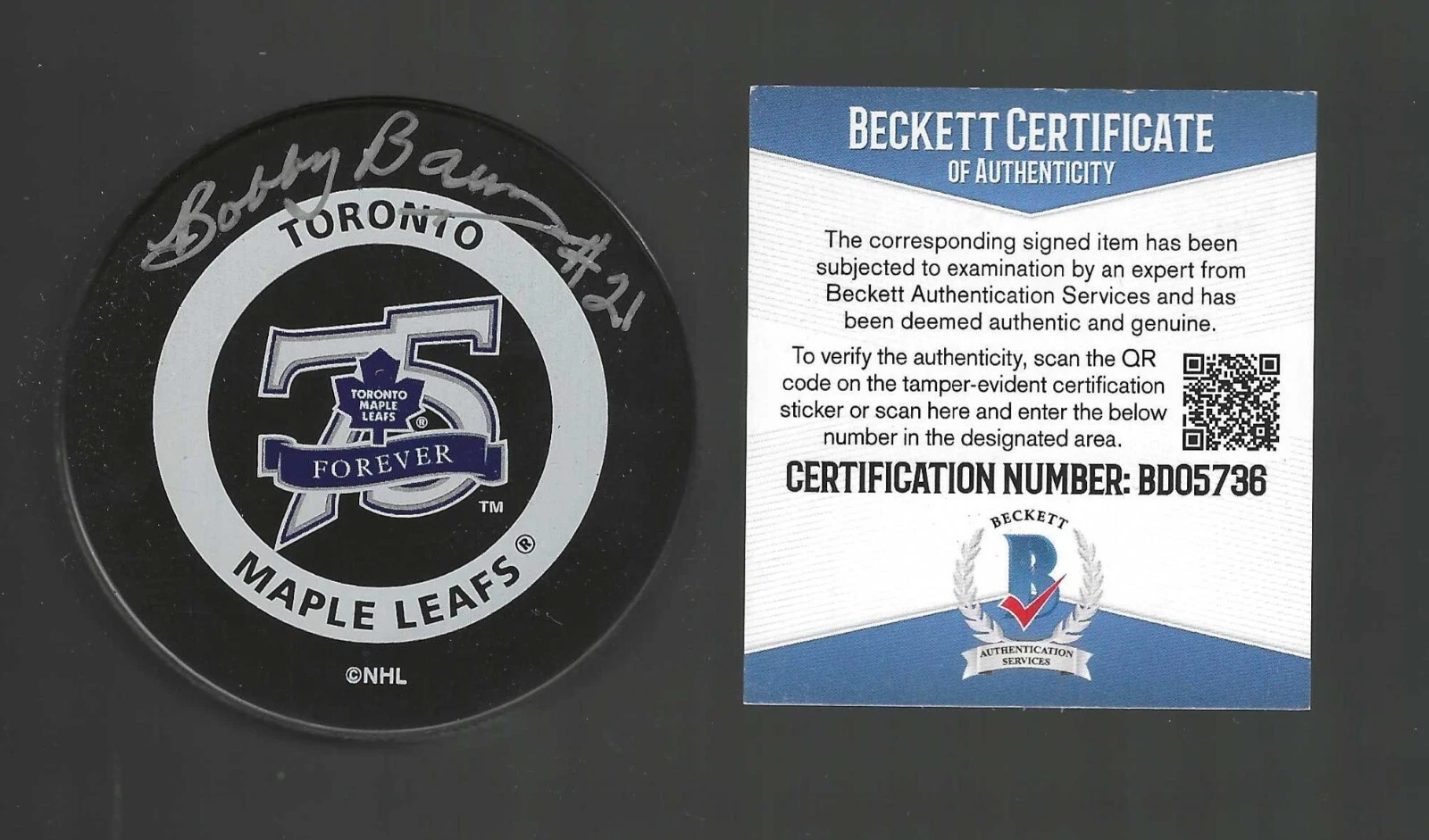 Bobby Baun Signed Toronto Maple Leafs 75th Anniversary Game Puck Beckett COA
