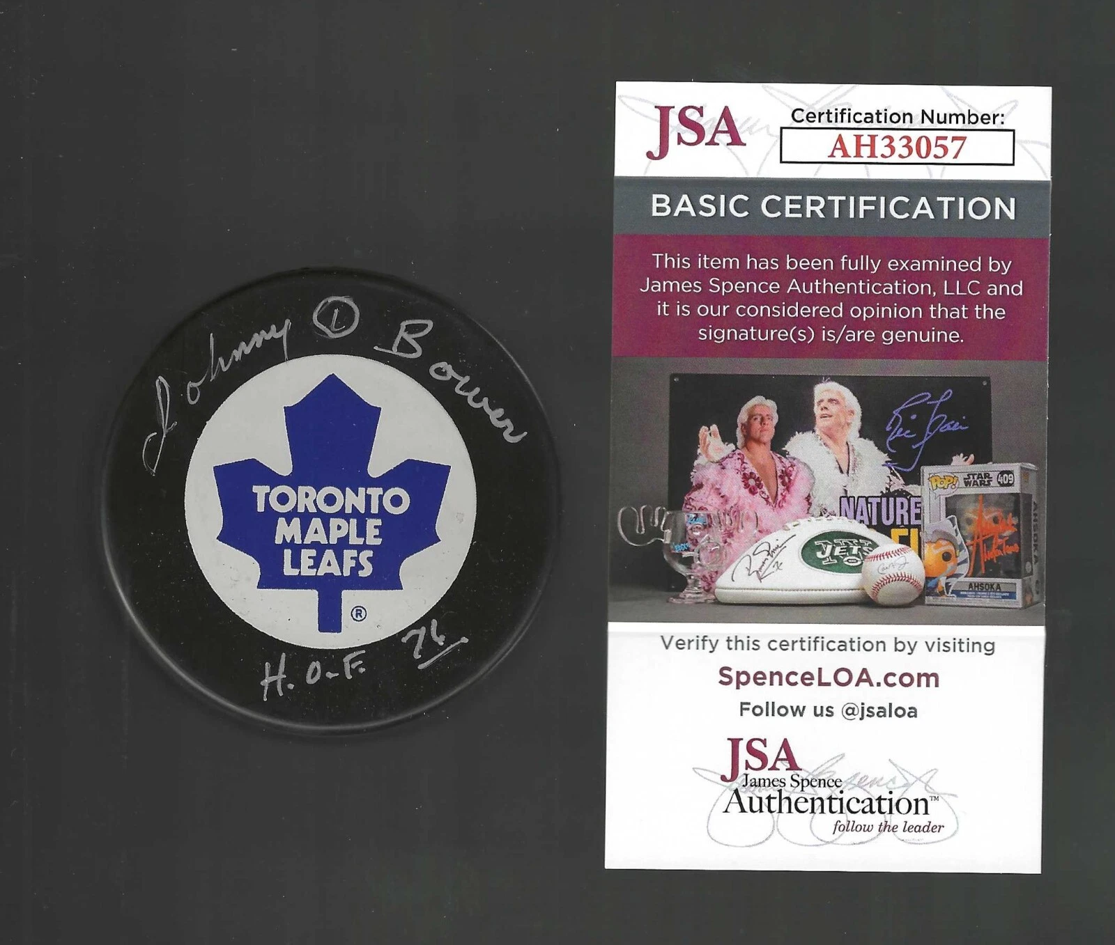 Johnny Bower Signed & Inscribed Toronto Maple Leafs Souvenir Puck JSA COA
