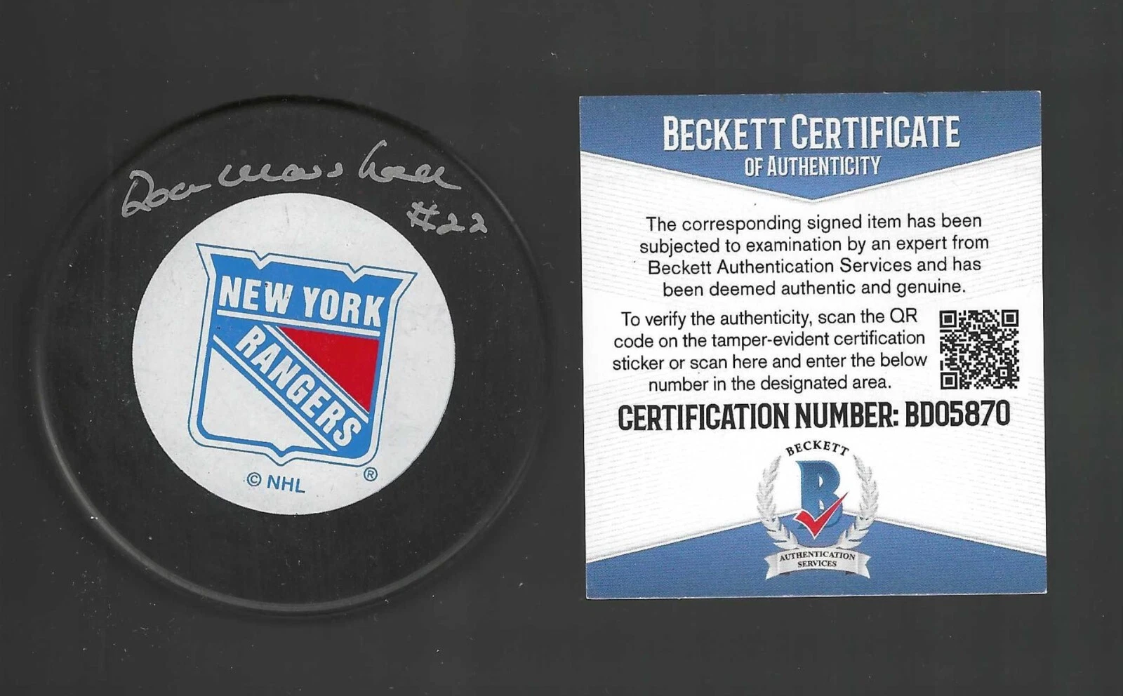 Don Marshall Signed New York Rangers Trench Puck Beckett COA
