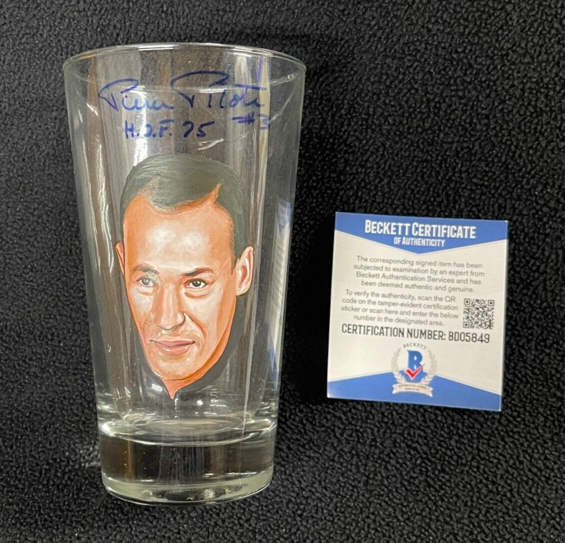 Pierre Pilote Signed Painted Chicago Blackhawks Pint Glass Beckett COA
