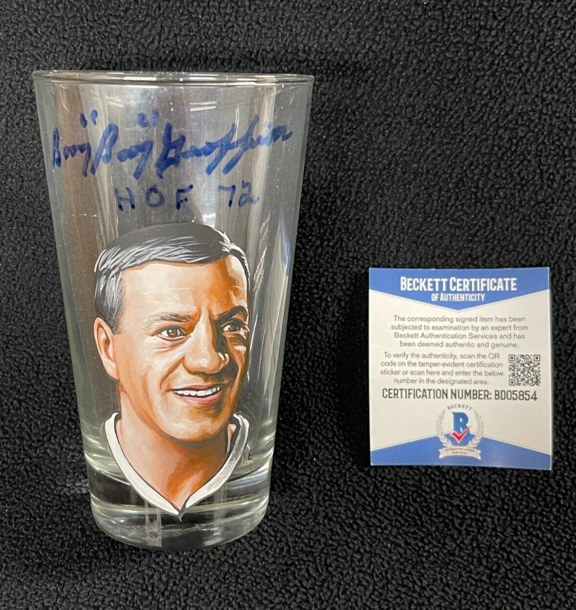 Boom Boom Geoffrion Signed Painted Montreal Canadiens Pint Glass Beckett COA
