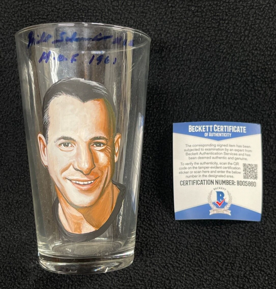Milt Schmidt Signed Painted Boston Bruins Pint Glass Beckett COA

