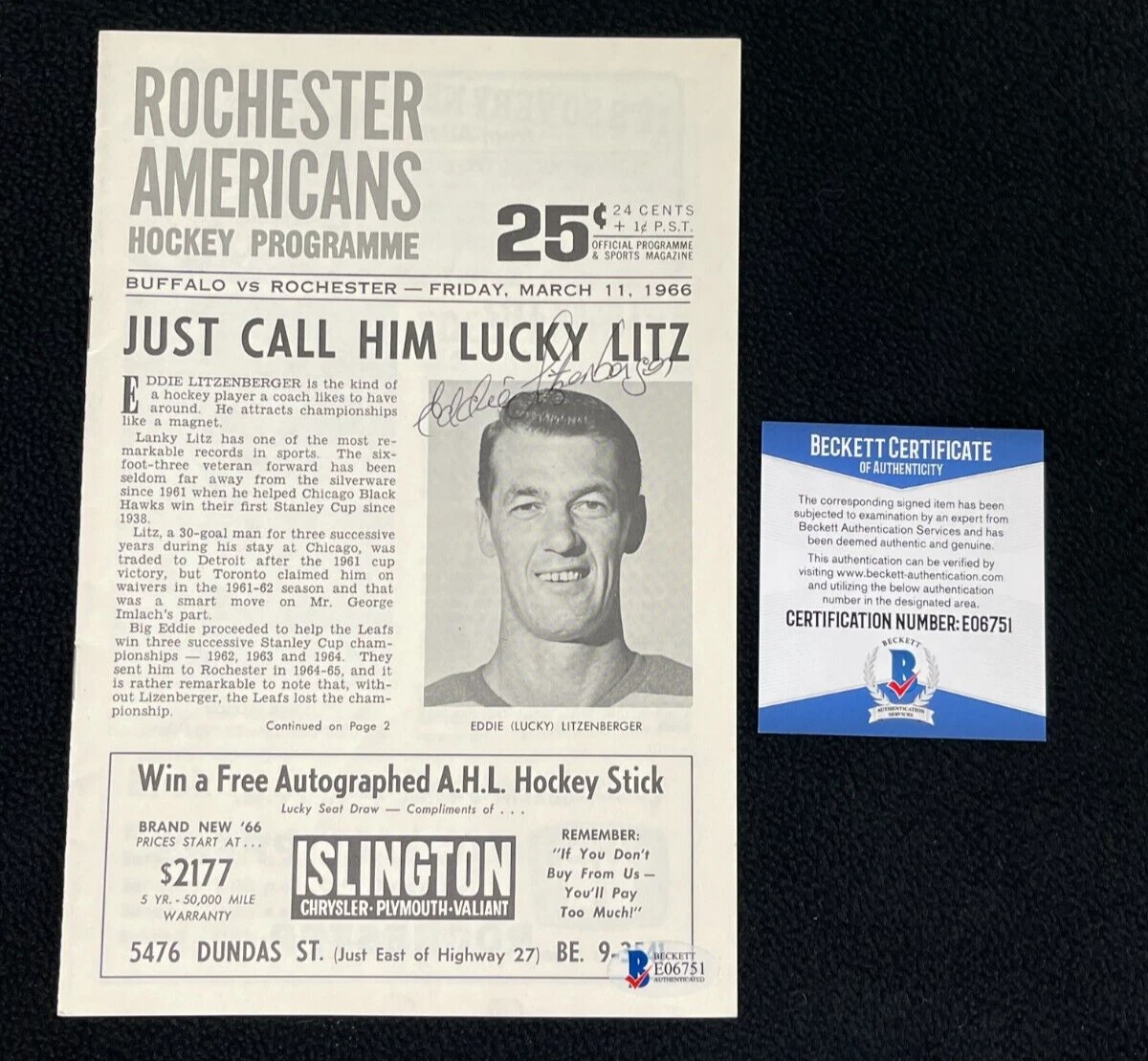 Eddie Litzenberger Signed Rochester Americans 1966 Program Beckett COA
