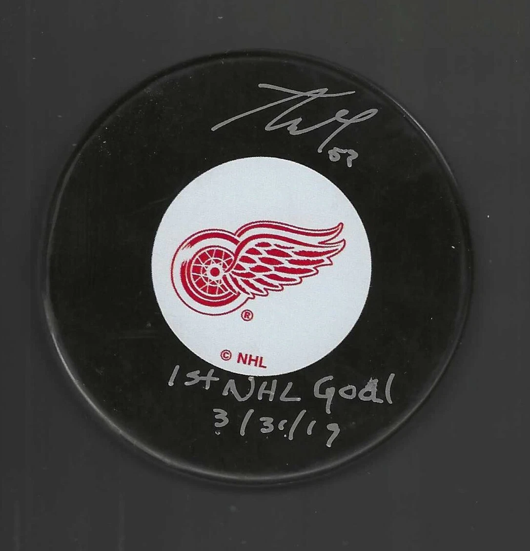 Taro Hirose Signed & Inscribed 1st NHL Goal Detroit Red Wings Puck
