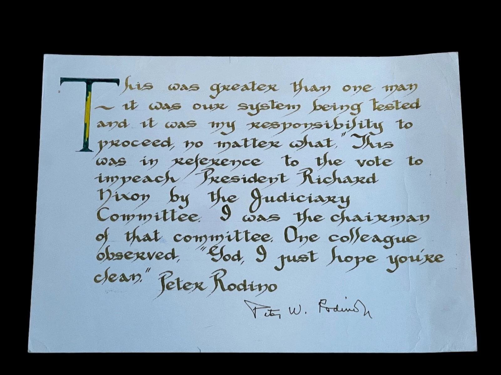 Peter W. Rodino New Jersey Rep Congress Watergate Signed Autograph Nixon Quote
