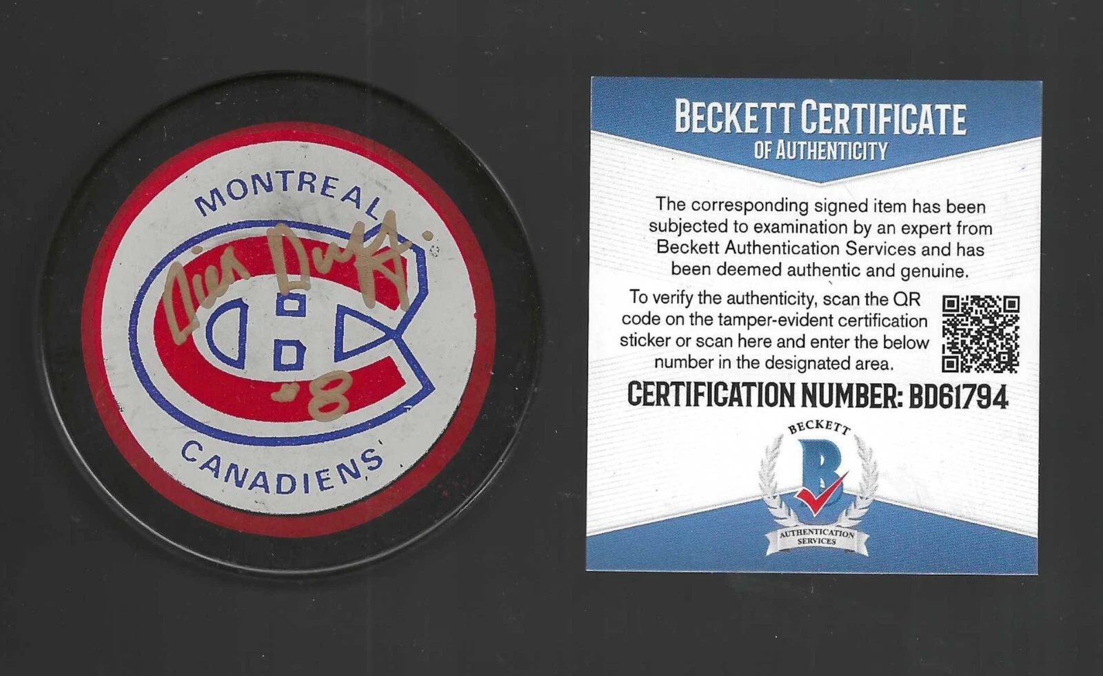 Dick Duff Signed Montreal Canadiens Souvenir Puck Beckett COA

