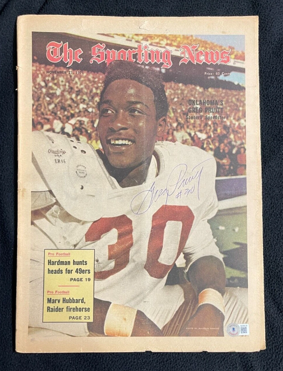 Greg Pruitt Signed Oklahoma Sooners Sporting News Magazine Beckett COA
