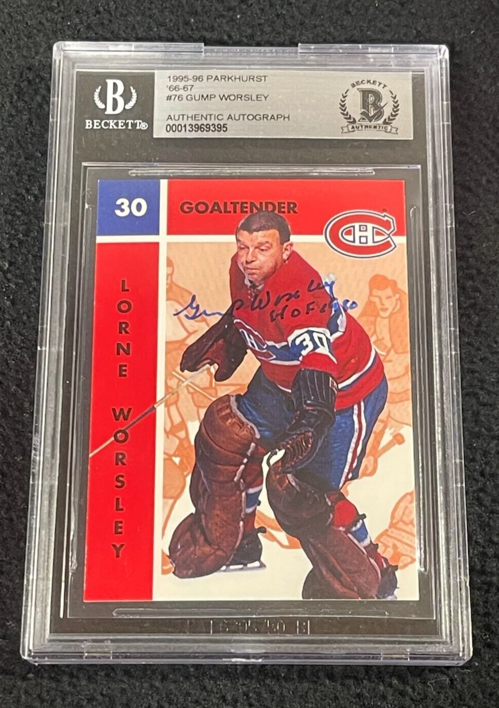Gump Worsley Signed 1995/96 Parkhurst Card #76 BAS Certified Montreal Canadiens

