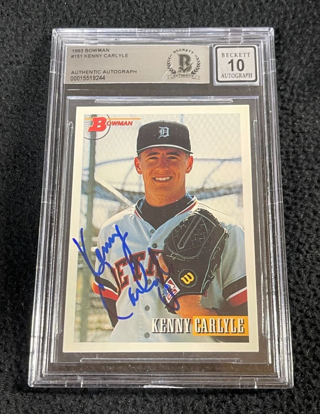 Kenny Carlyle Signed 1993 Bowman Card #151 BAS Certified Tigers Auto Grade 10
