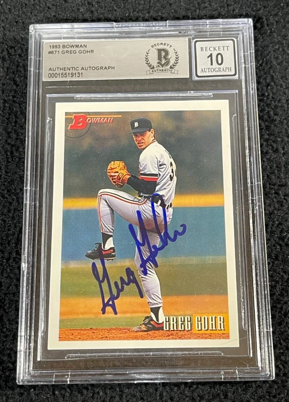 Greg Gohr Signed 1993 Bowman Card #671 BAS Certified Tigers Auto Grade 10
