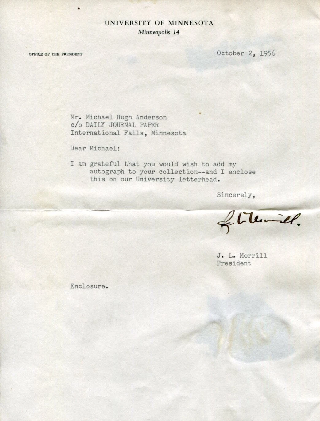 James Morrill President University of Minnesota And Wyoming Signed Autograph
