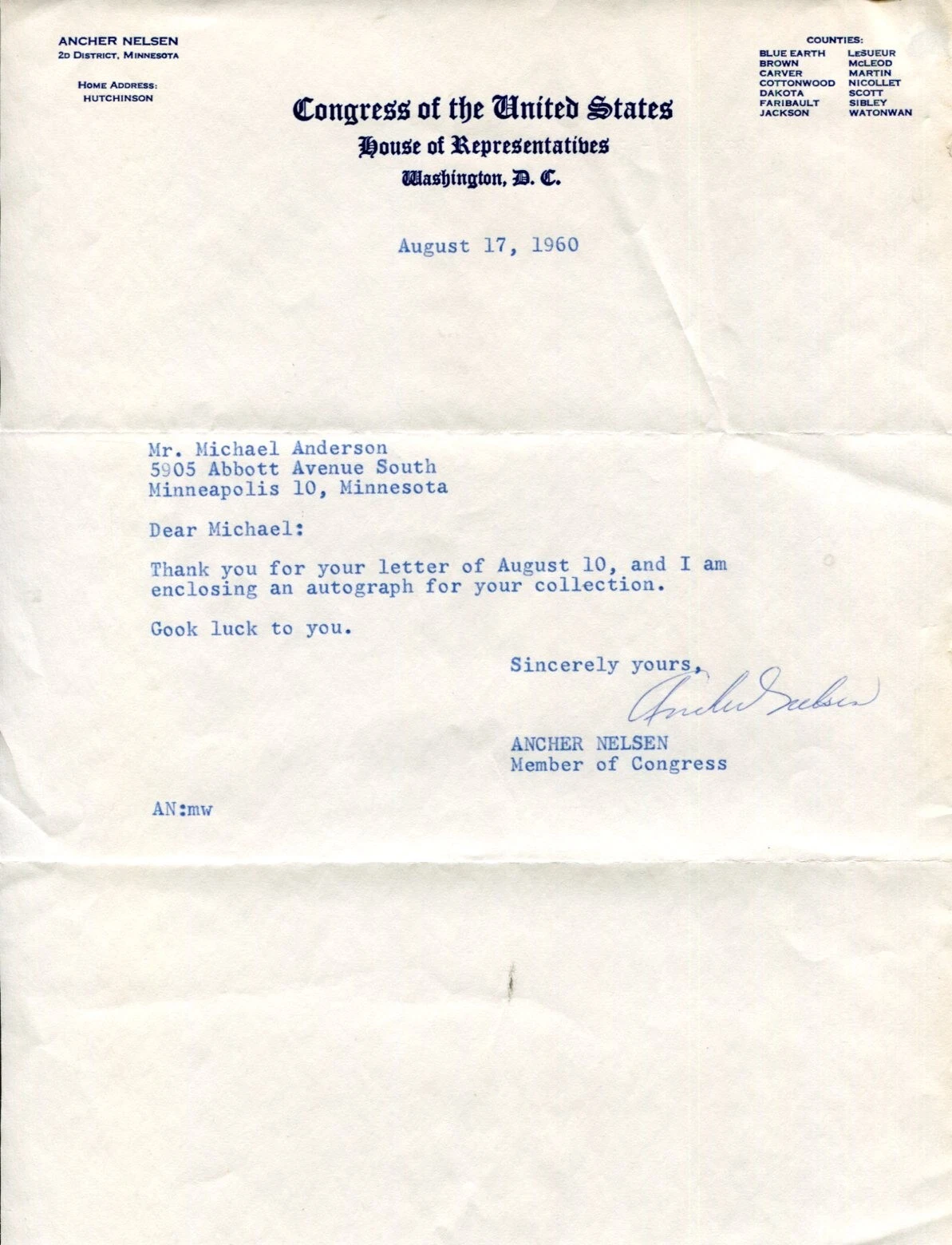 Ancher Nelsen US Congress Representative Minnesota Lt Governor Signed Autograph
