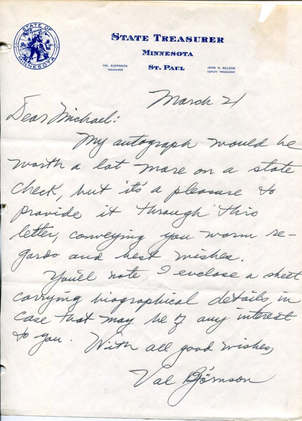 Val Bjornson State Treasurer of Minnesota Signed Autograph Letter
