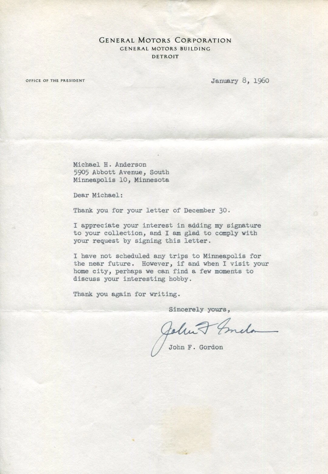 John F Gordon General Motors President Chief Operating Officer Signed Autograph
