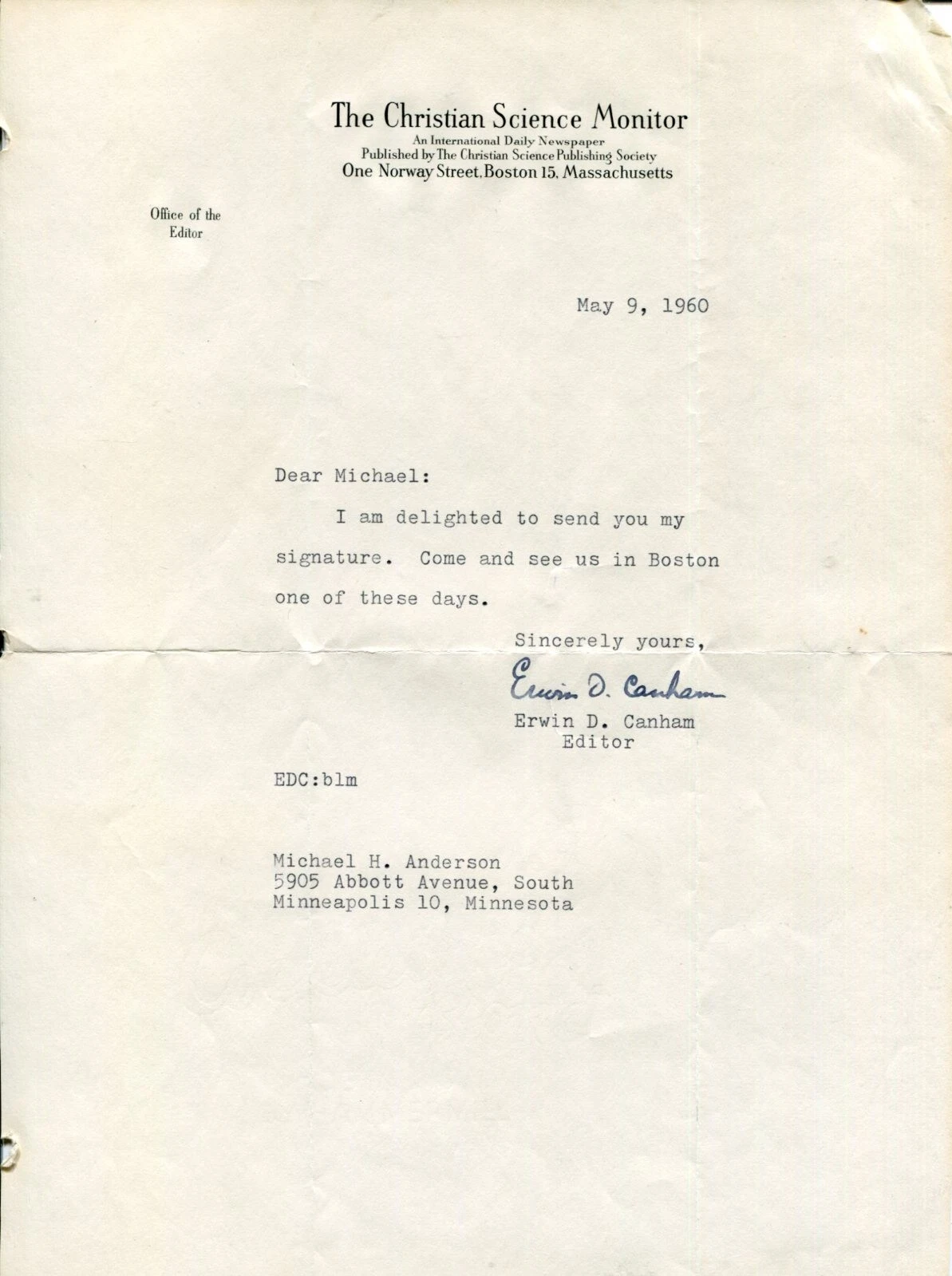 Erwin Canham Author The Christian Science Monitor Editor Rare Signed Autograph
