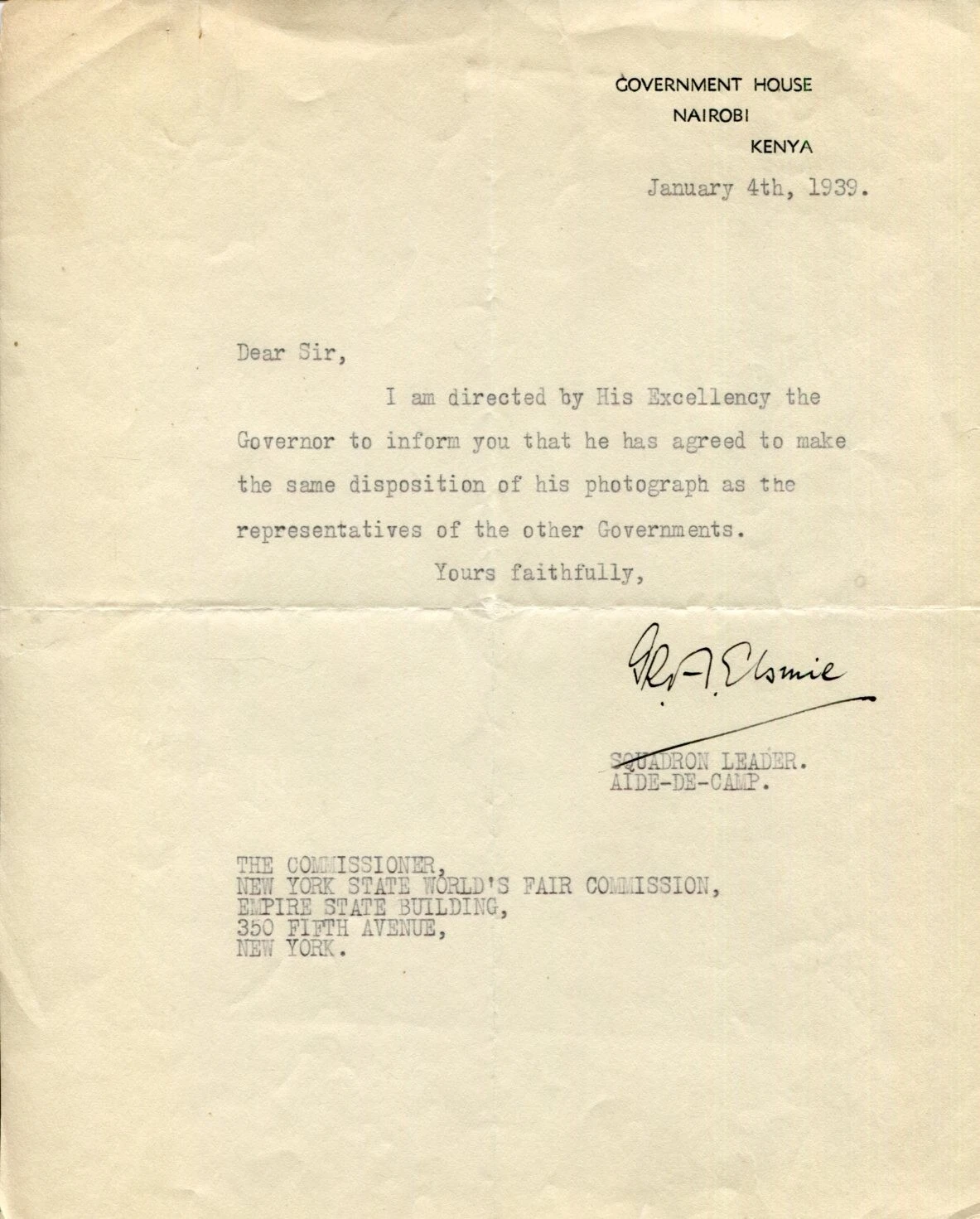 Squadron Leader George G. R. A. Elsmie Aide de Camp Governor Kenya KIA Signed
