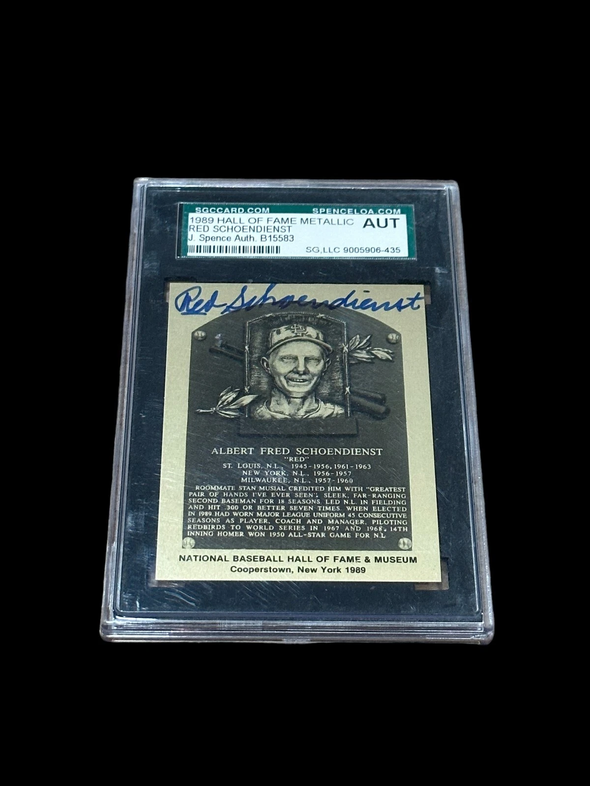 Red Schoendienst 1989 HOF Metallic Gold Signed Autograph Plaque JSA SGC Slab
