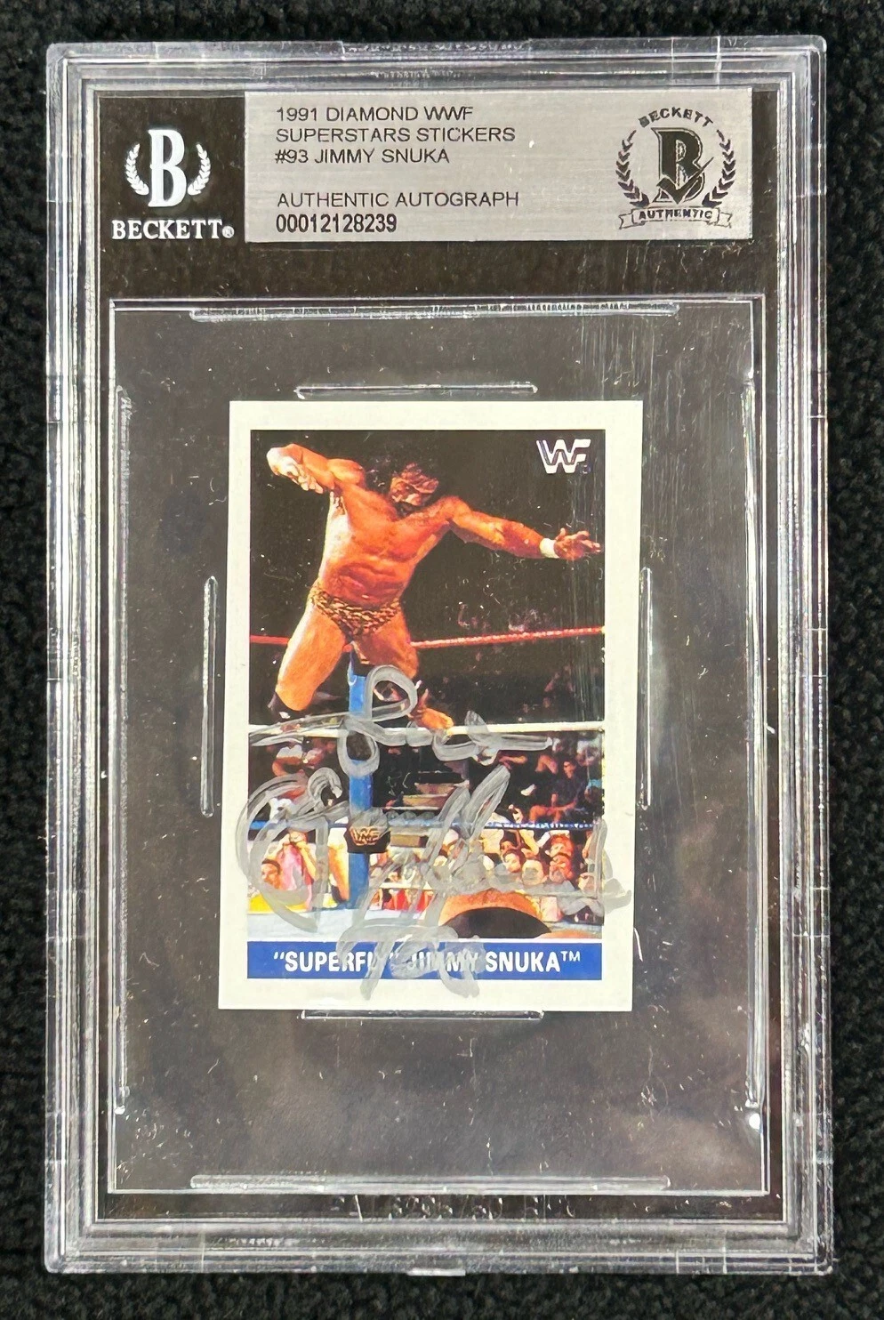 Jimmy Superfly Snuka Signed 1991 Classic WWF Stickers Card #93 WWE BAS Certified
