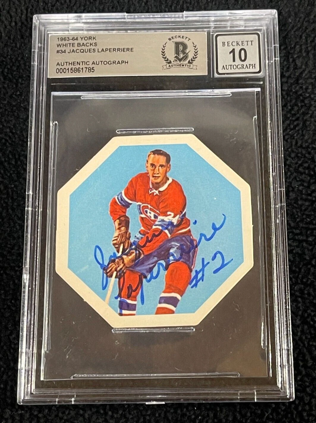 Jacques Laperriere Signed 1963/64 York Card #34 BAS Certified Auto Grade 10
