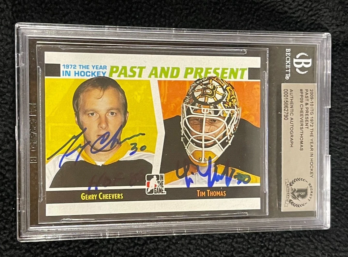 Gerry Cheevers & Tim Thomas Signed 2009/10 ITG 1972 Card #PP09 Beckett Certified
