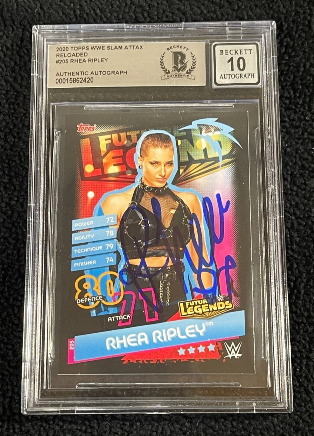 Rhea Ripley Signed 2020 Topps WWE Slam Attax Rookie Card #205 BAS Auto Grade 10
