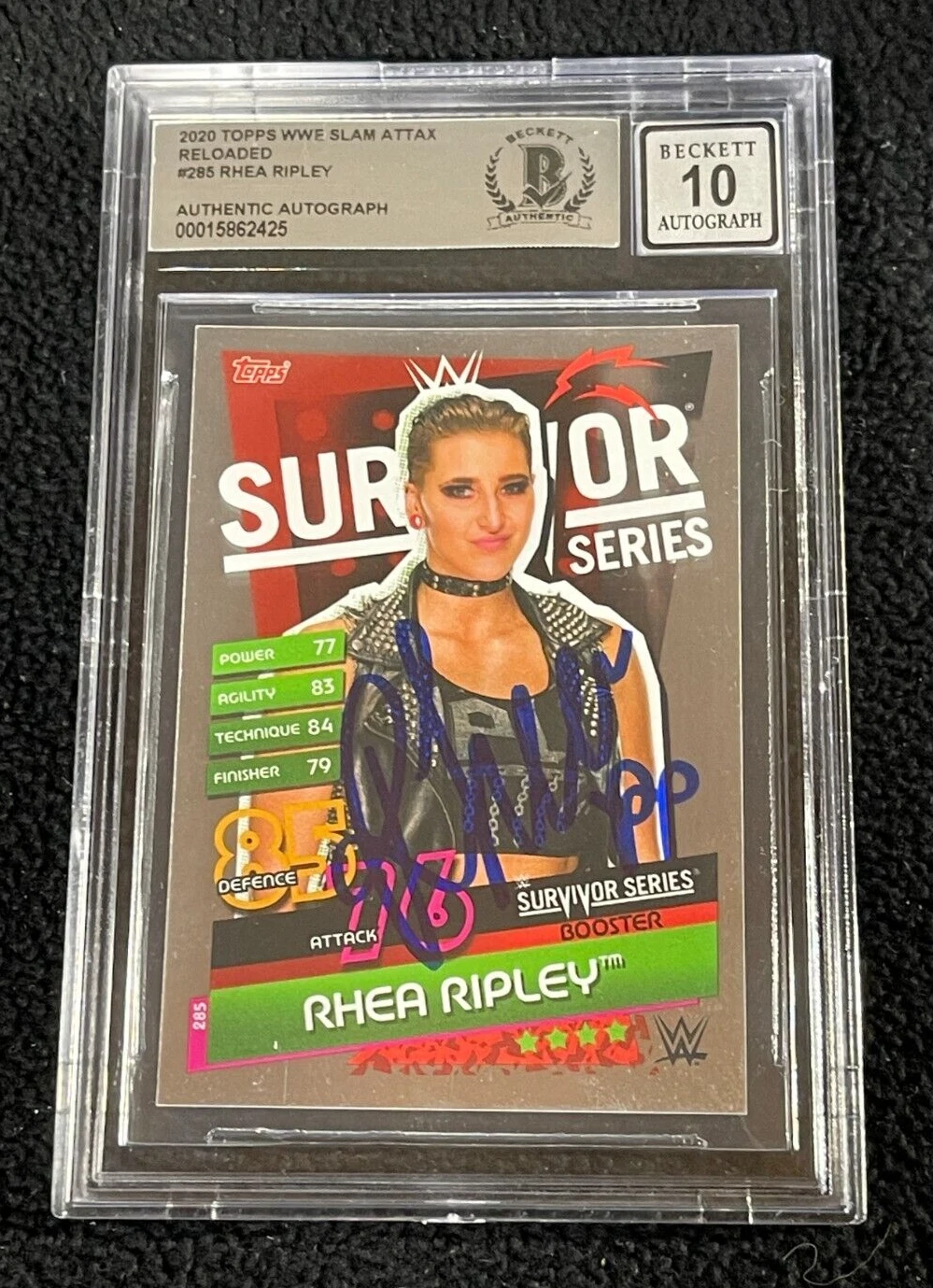 Rhea Ripley Signed 2020 Topps WWE Slam Attax Rookie Card #285 BAS Auto Grade 10
