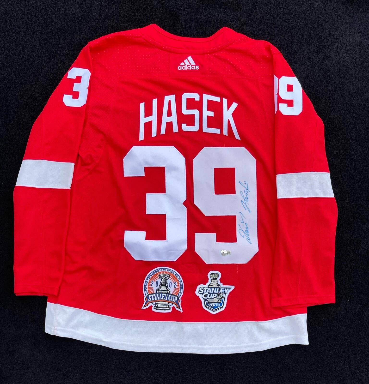 Dominik Hasek Signed Detroit Red Wings 2002 & 2008 Cup Adidas Jersey Beckett COA
