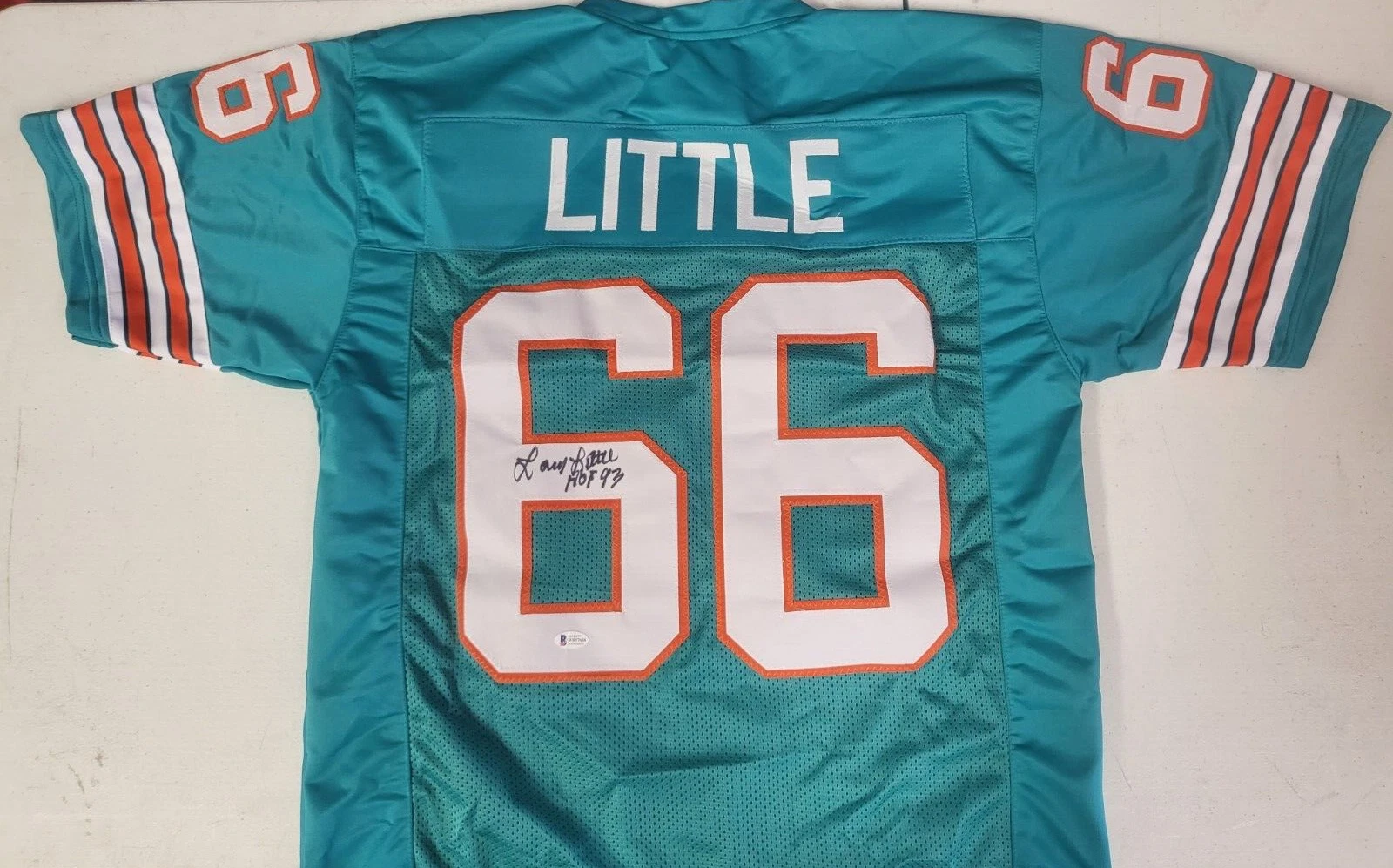 LARRY LITTLE #66 MIAMI DOLPHINS HOF 93 SIGNED AUTO TEAL JERSEY BECKETT WB57628
