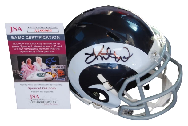 KURT WARNER signed (ST LOUIS RAMS) Throwback mini football helmet JSA AL90960

