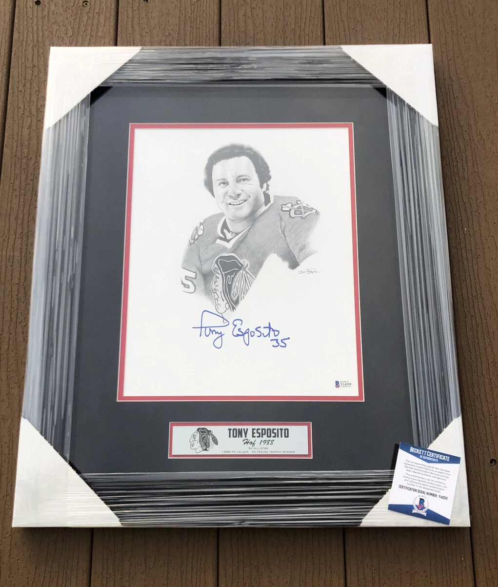 TONY ESPOSITO SIGNED CHICAGO BLACKHAWKS FRAMED MATTED PENCIL SKETCH BECKETT COA COLLECTIBLE MEMORABILIA