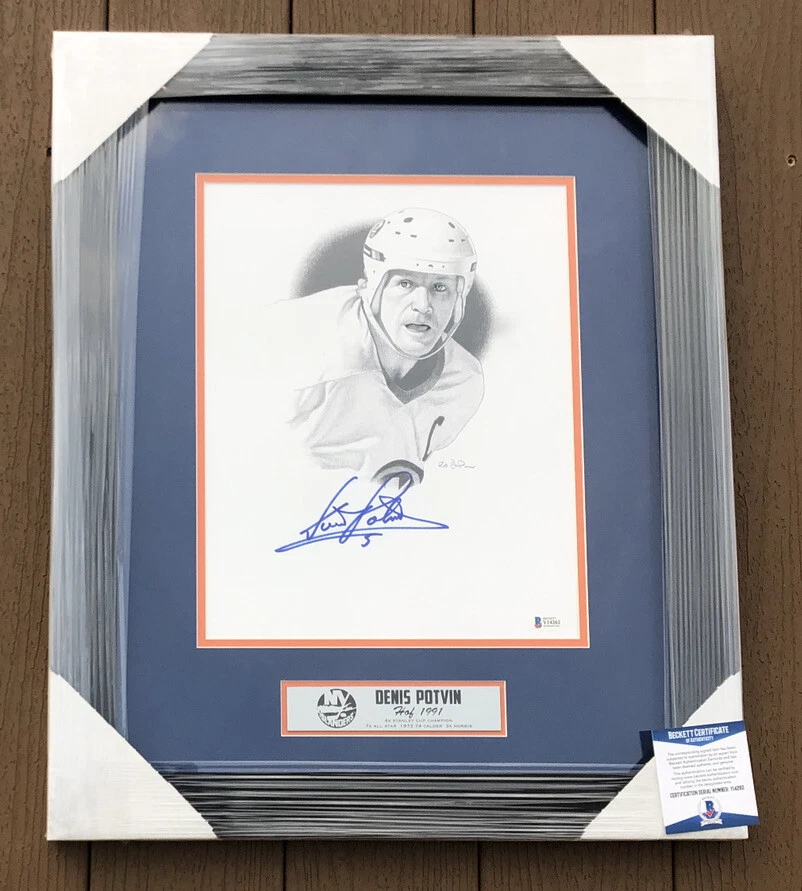 Denis Potvin Signed New York Islanders Framed Matted Pencil Sketch Beckett COA
