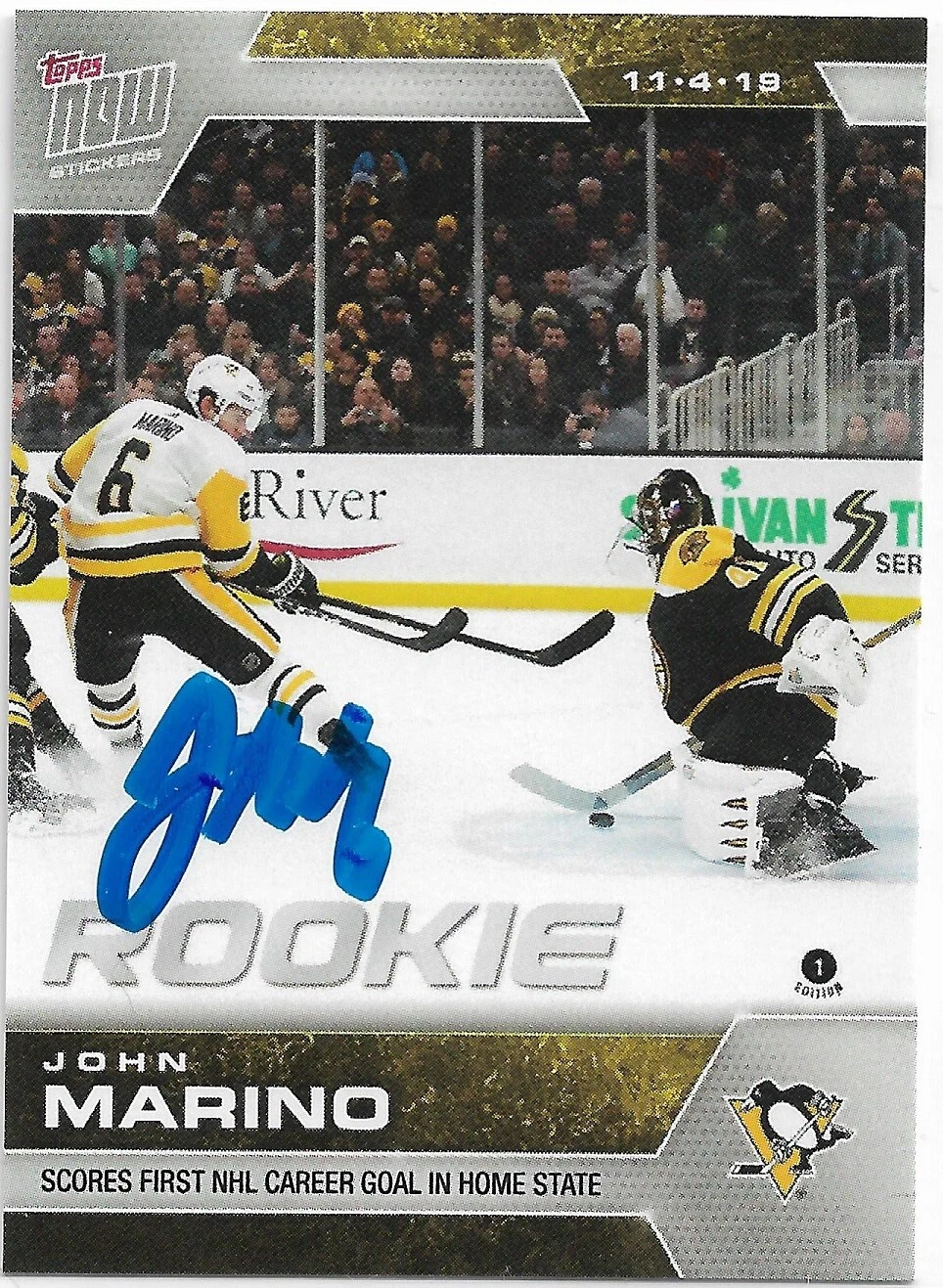 John Marino Signed 2019-20 Topps Now Sticker Rookie Card #43 Pittsburgh Penguins

