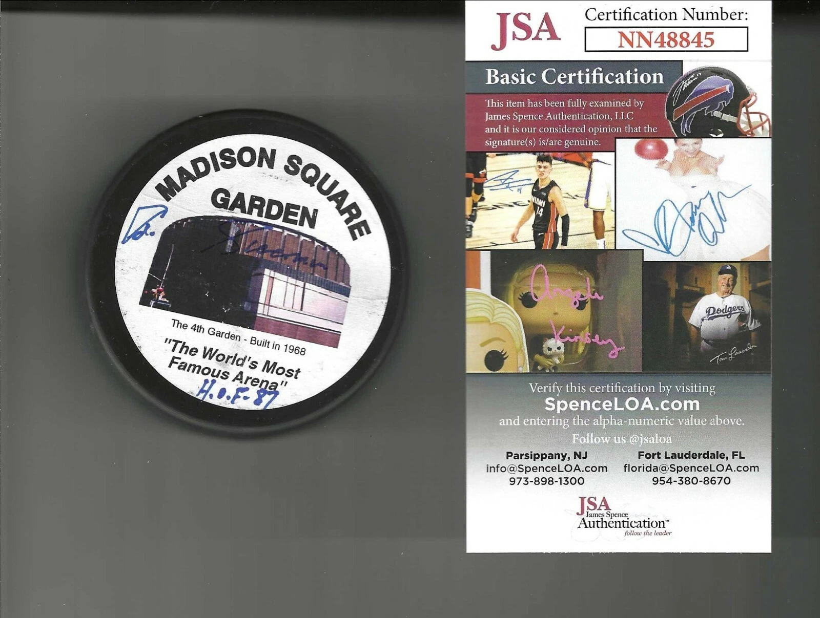 Ed Giacomin Signed Inscribed New York Rangers Madison Square Garen Puck JSA COA
