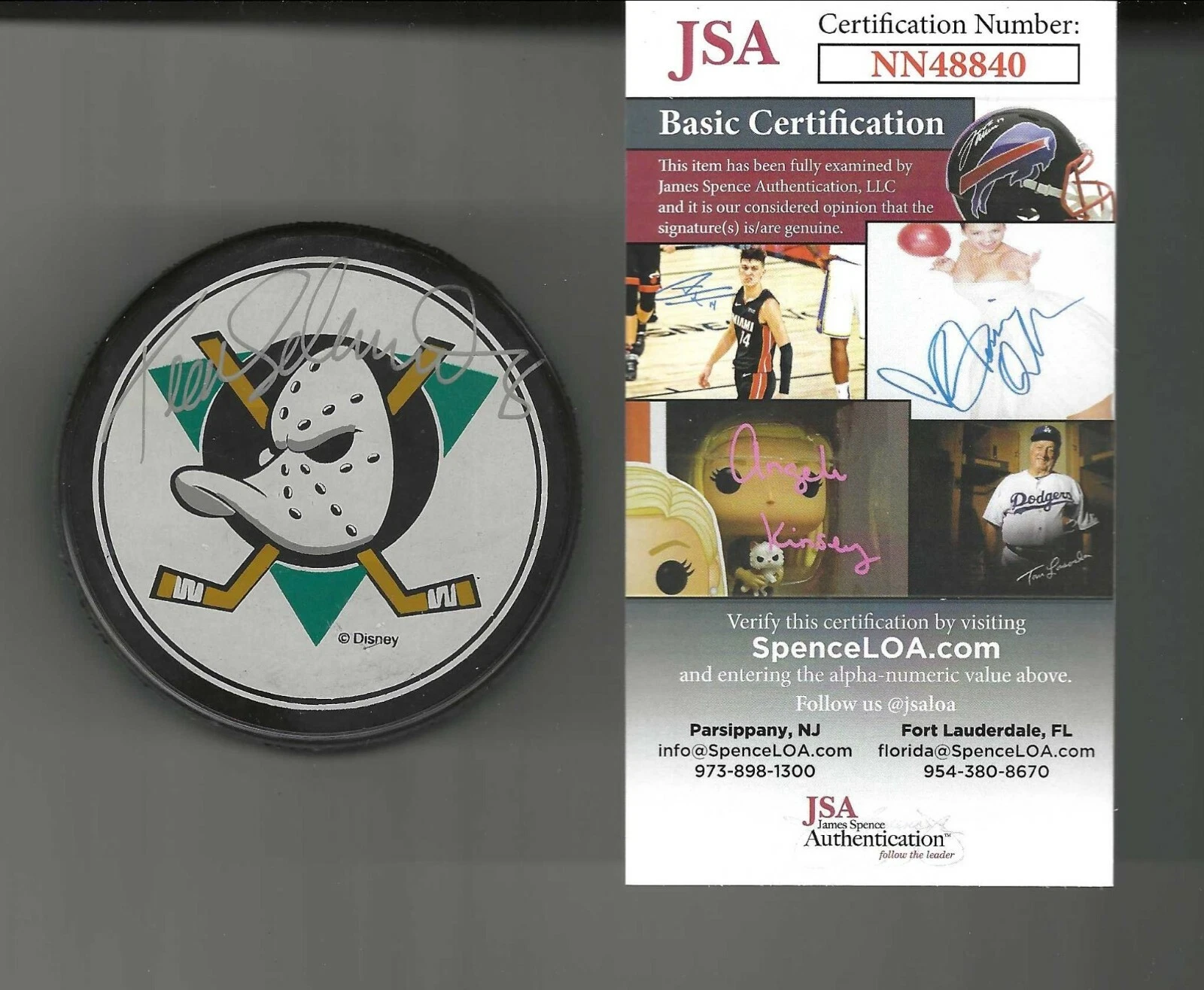 Teemu Selanne Signed Anaheim Mighty Ducks Large Logo Puck JSA COA
