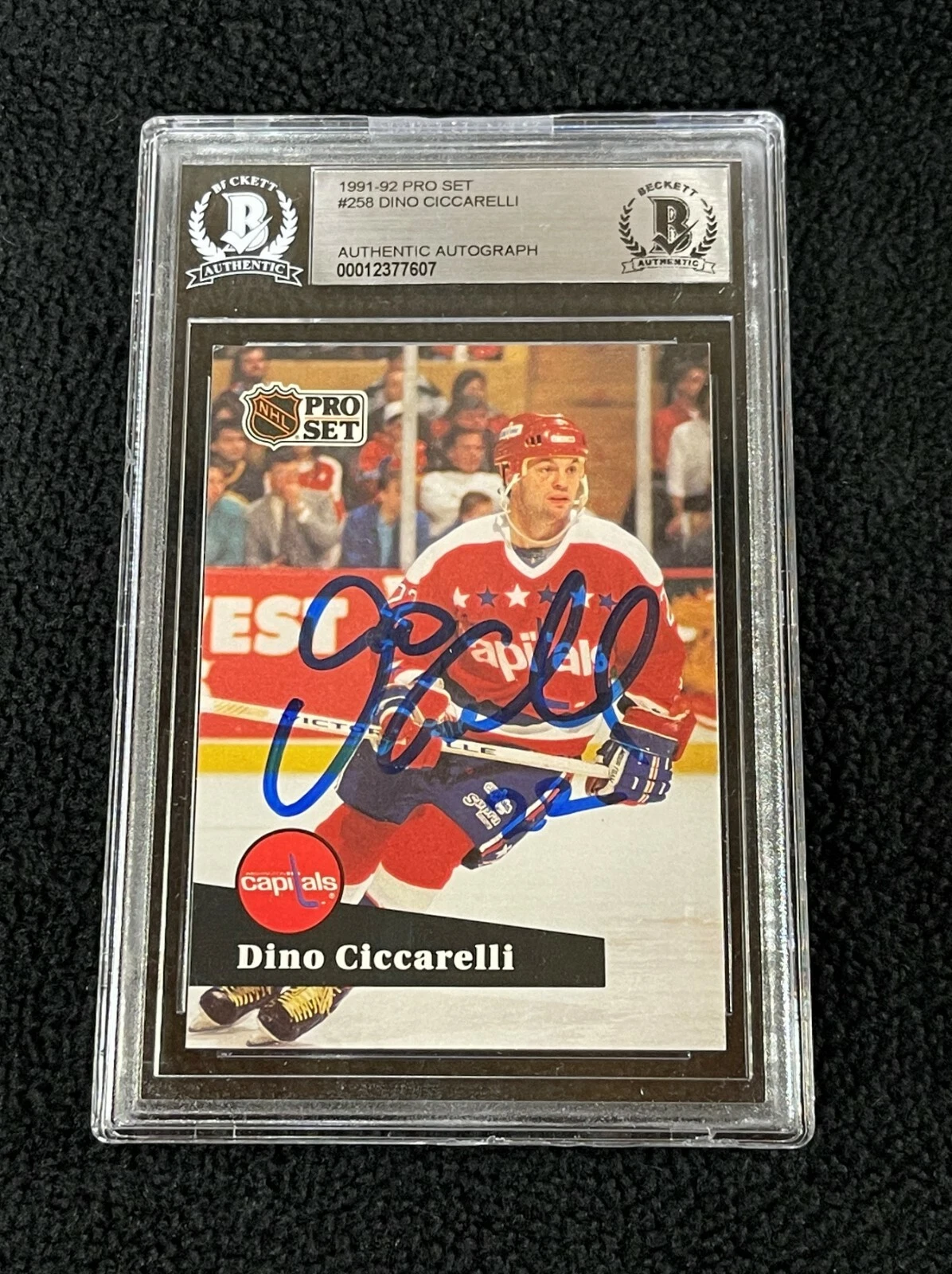 Dino Ciccarelli Signed 1991/92 Pro Set Card #258 Beckett Certified Capitals
