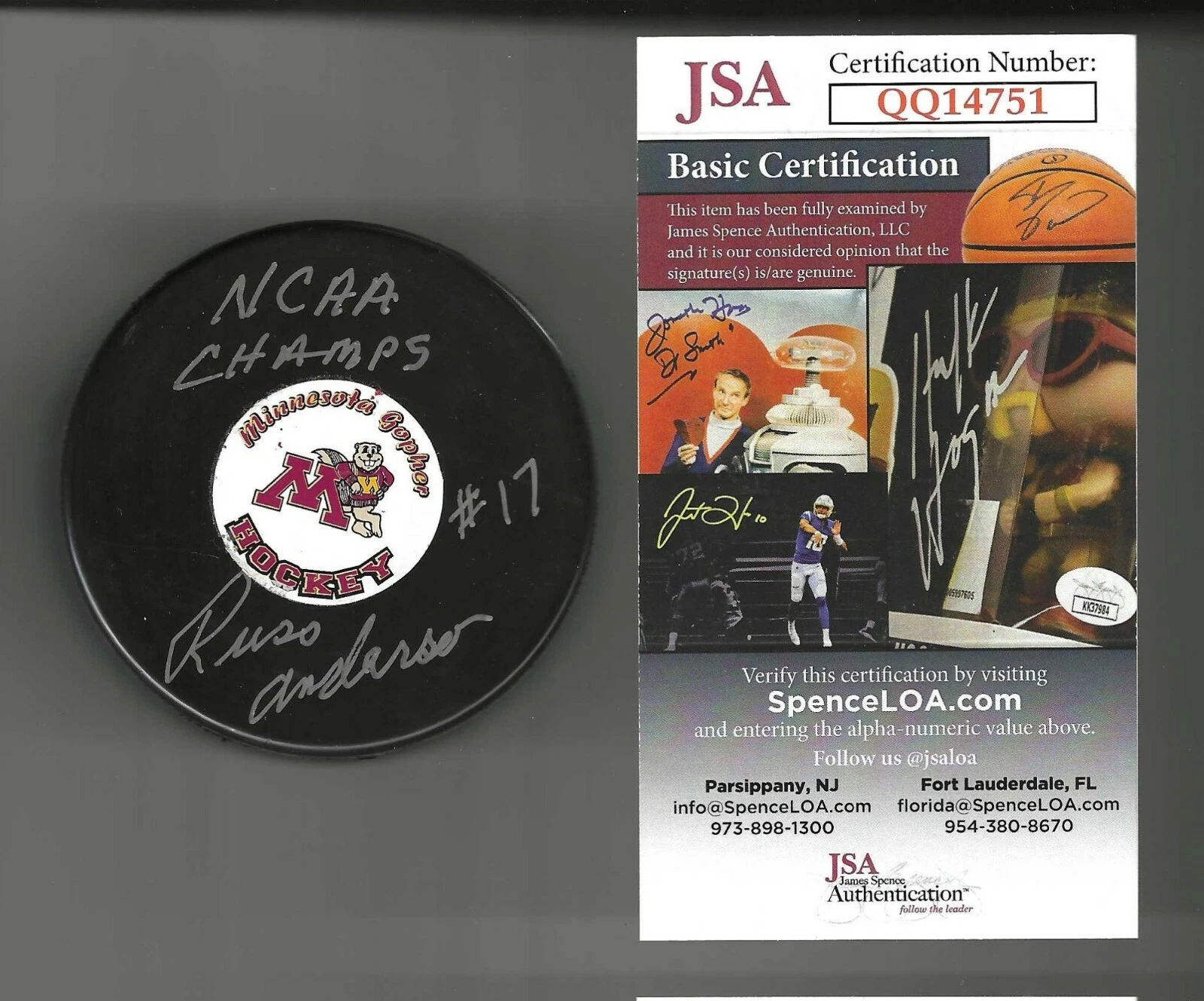 Russ Anderson Signed Inscribed NCAA Champs Minnesota Golden Gophers Puck JSA COA
