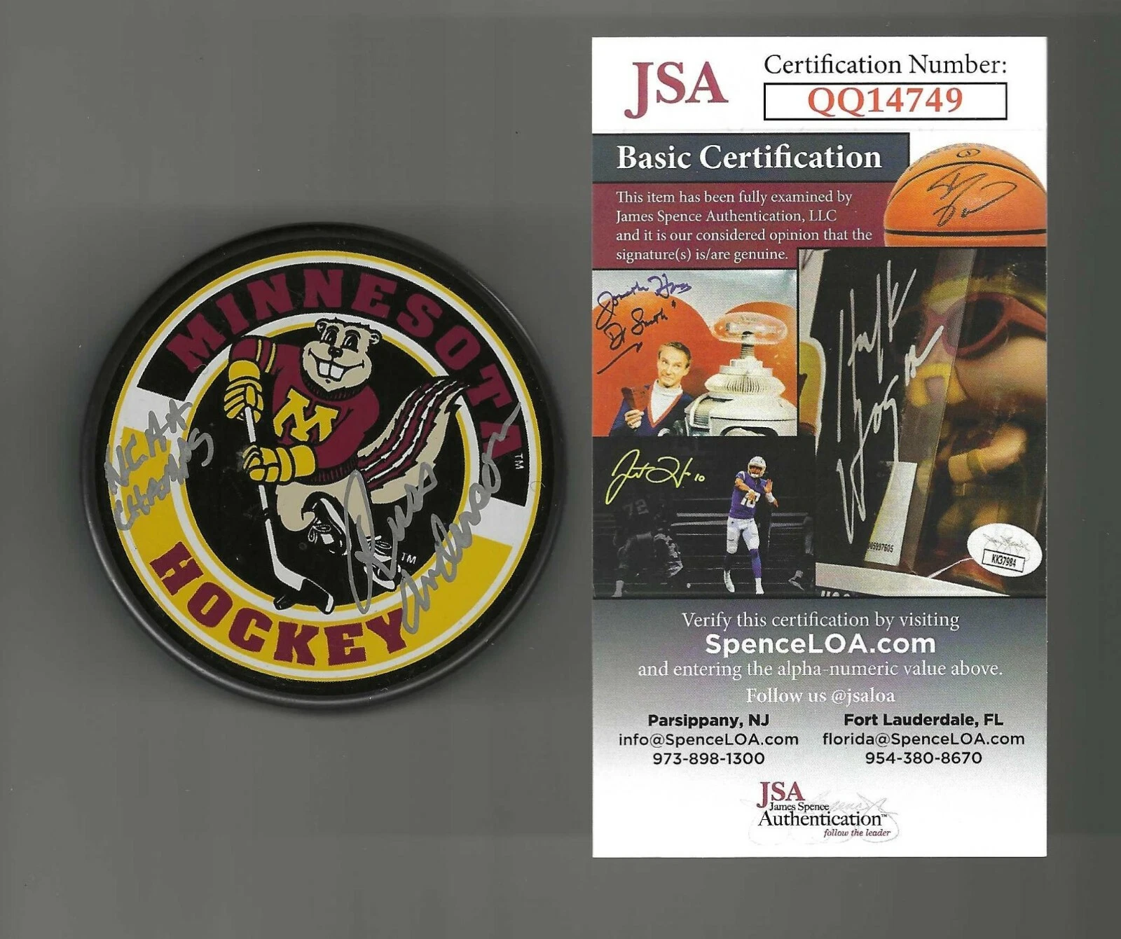 Russ Anderson Signed Inscribed NCAA Champs Minnesota Golden Gophers Puck JSA COA
