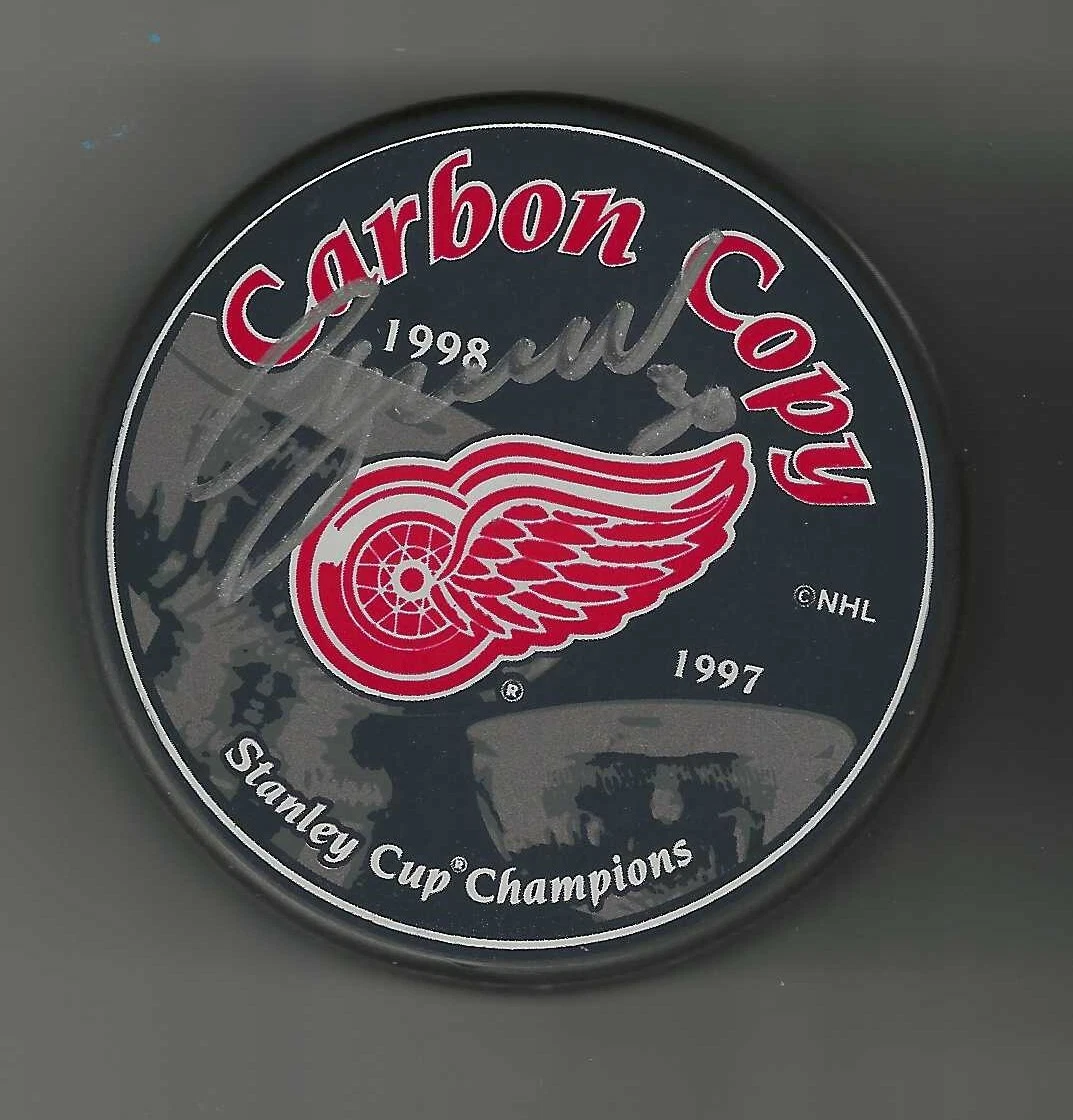 Chris Osgood Signed Detroit Red Wings 1997 & 1998 Stanley Cup Carbon Copy Puck
