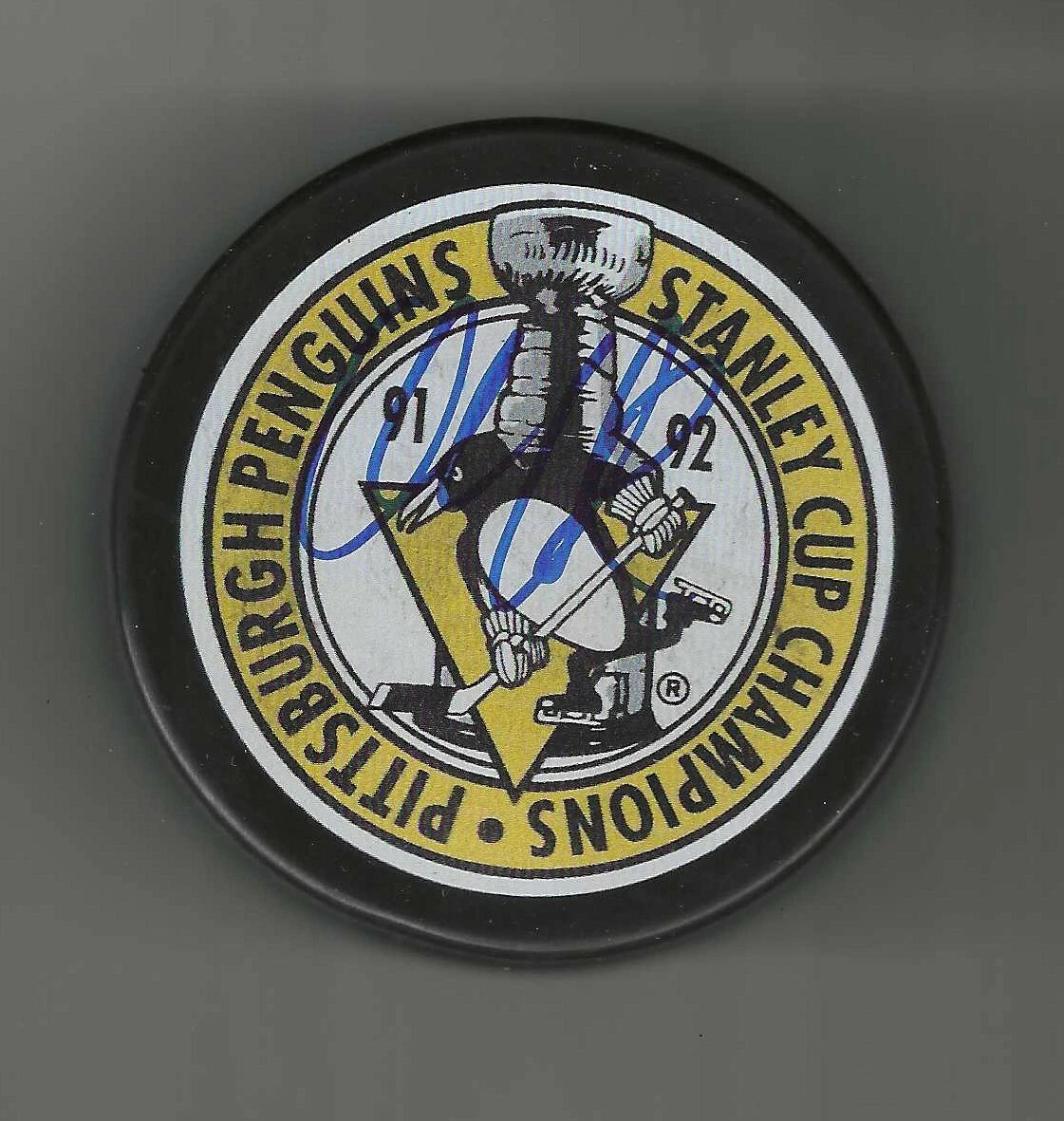 Ulf Samuelsson Signed Pittsburgh Penguins 1992 Stanley Cup Champions Puck
