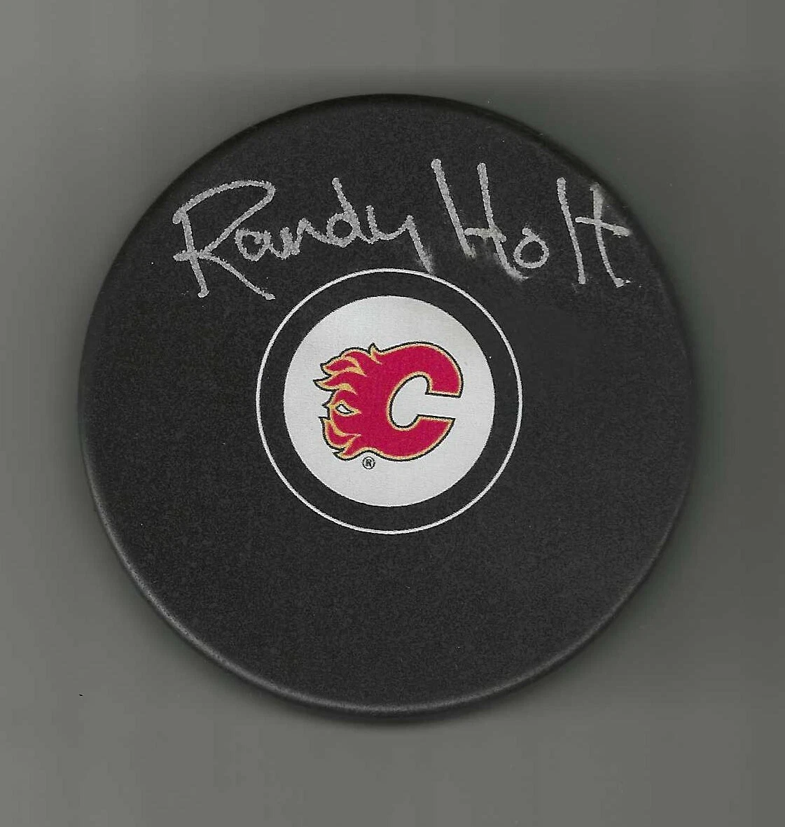 Randy Holt Signed Calgary Flames Puck
