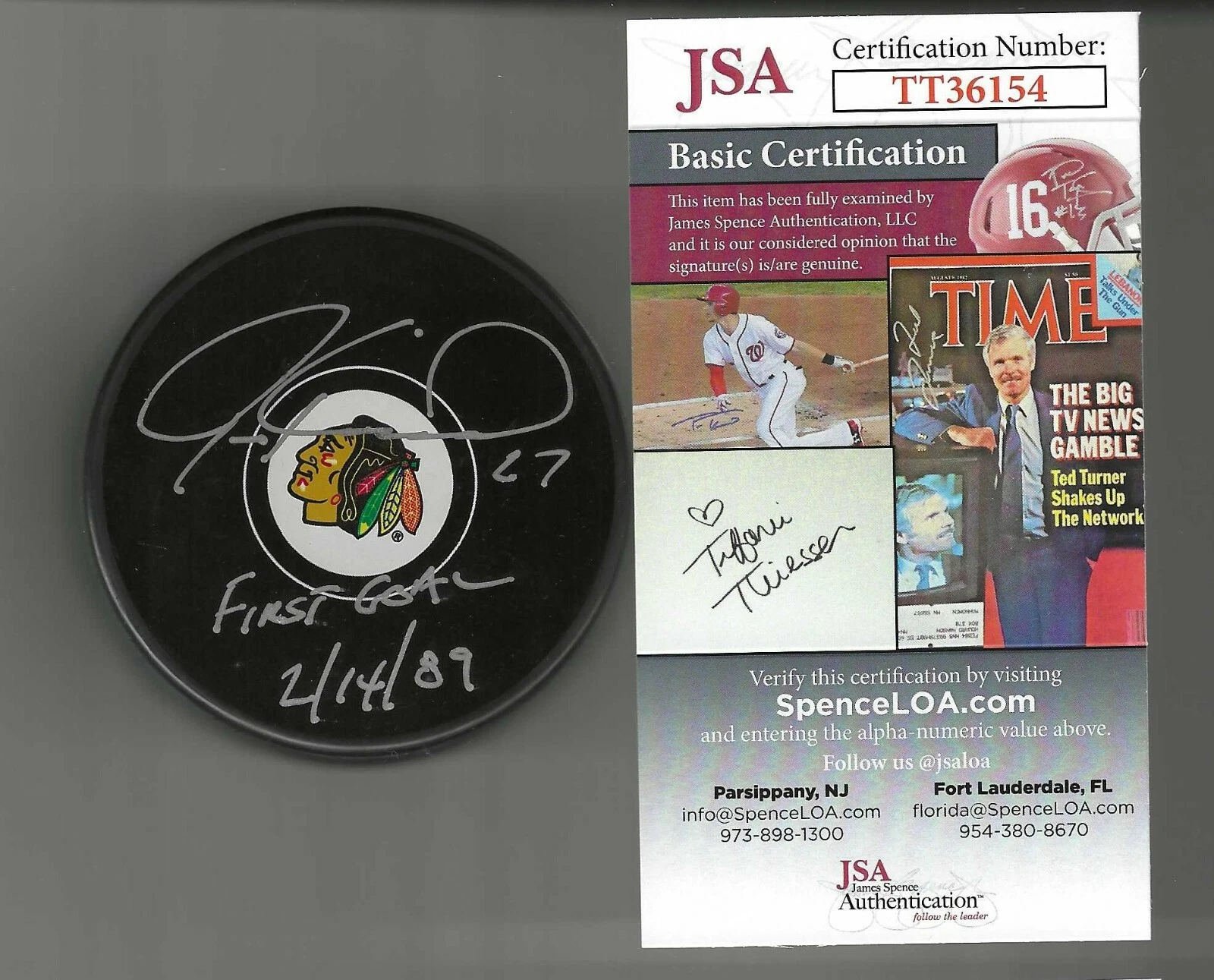 Jeremy Roenick Signed & Inscribed 1st NHL Goal Chicago Blackhawks Puck JSA COA
