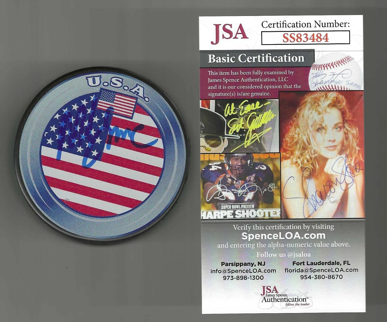 Mike Eruzione Signed USA American Flag Puck JSA COA Miracle On Ice Olympics 1980
