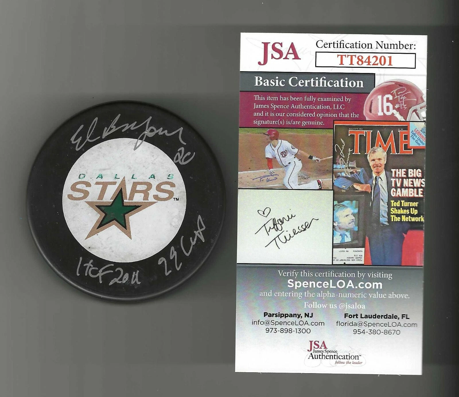 Ed Belfour Signed & Dual-Inscribed Dallas Stars Trench Puck JSA COA
