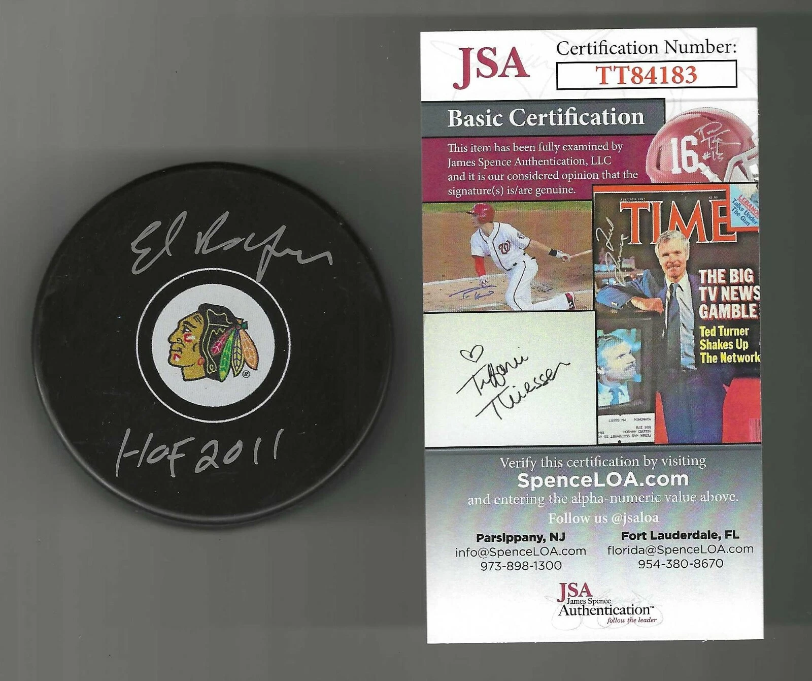 Ed Belfour Signed & Inscribed Chicago Blackhawks Puck JSA COA
