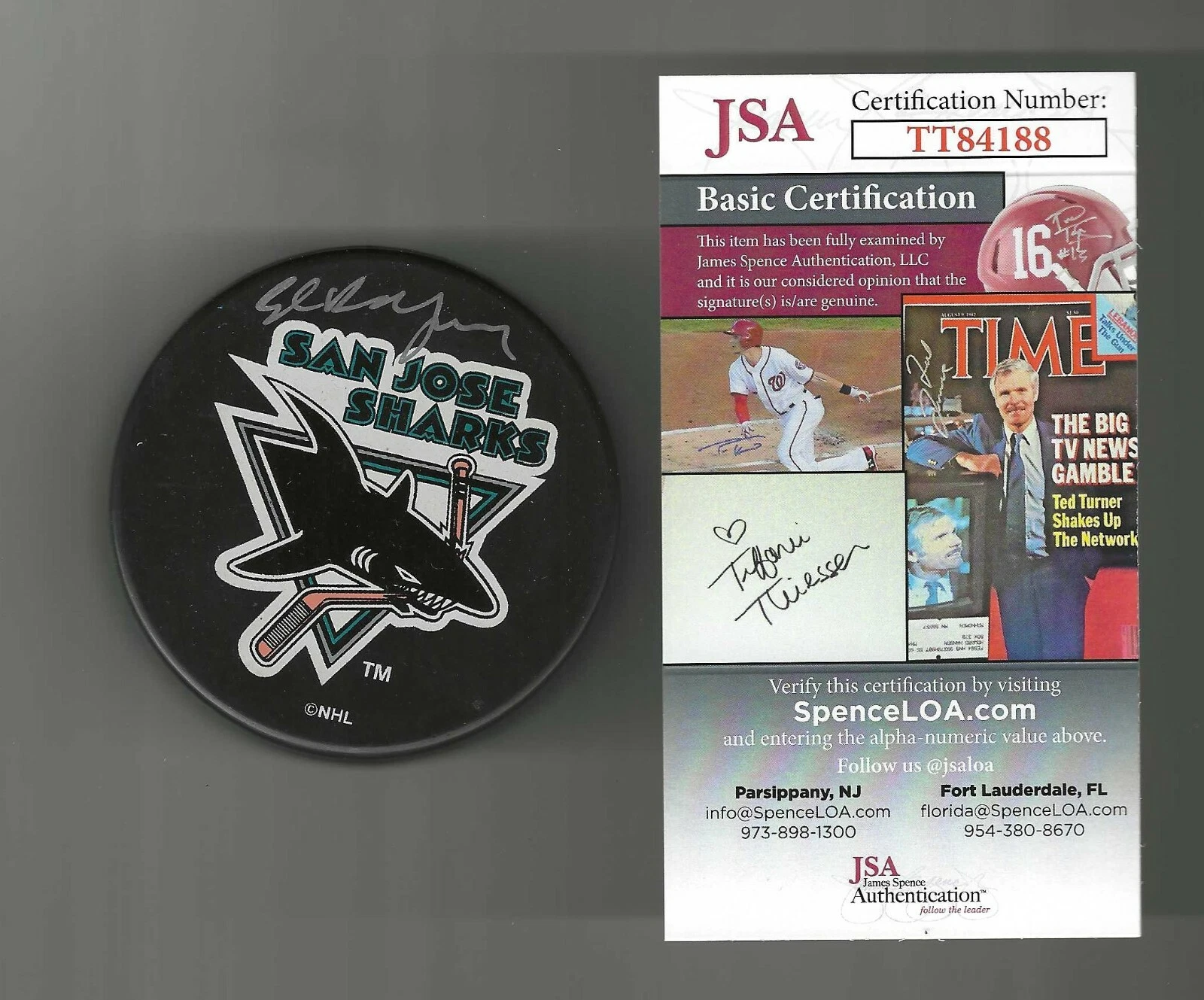 Ed Belfour Signed San Jose Sharks Souevnir Puck JSA COA Signed In Silver
